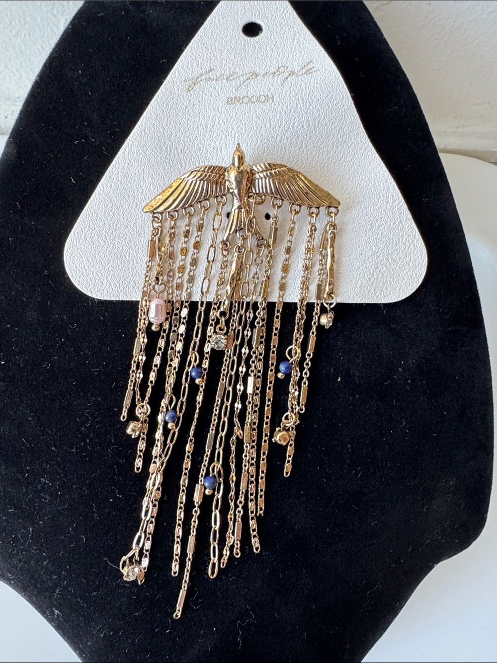 Free People Gold Bird Fringe Brooch with Blue and Pink Accents